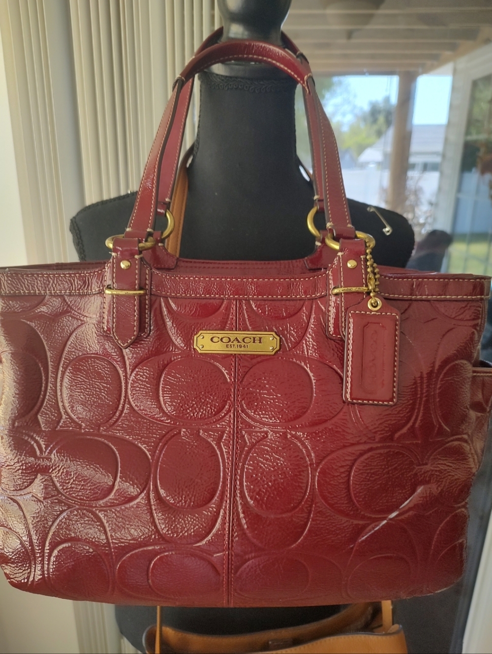 Coach Burgundy Patent Signature Tote with Gold Hardware